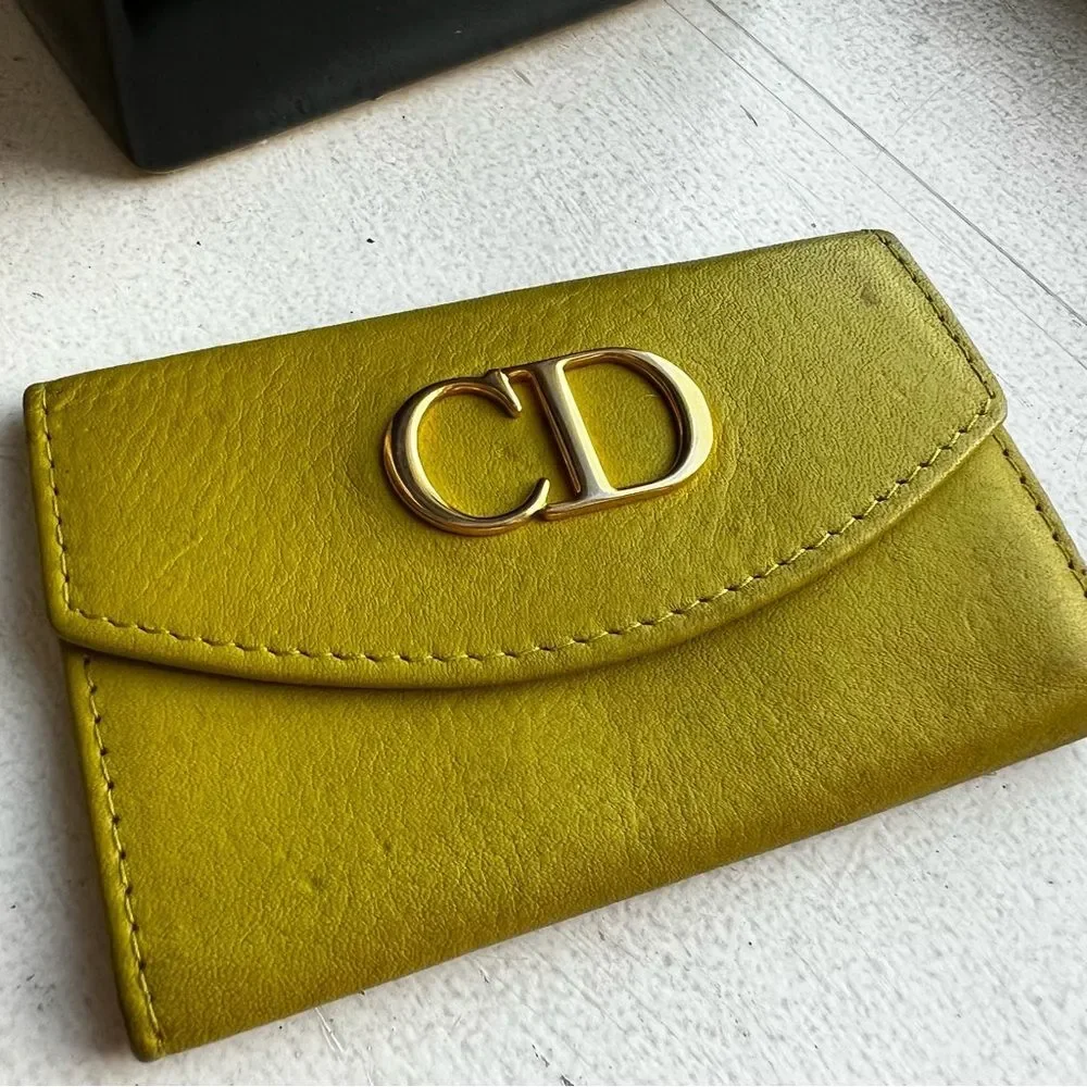 Christian Dior Key Holder, CD Compact Wallet Olive Green/Yellow Authentic